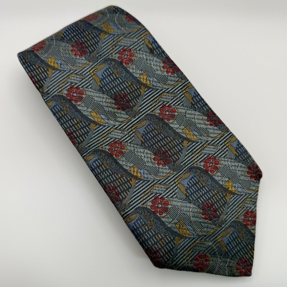 Robert Talbott Silk Tie OS Blue Gold Red Floral Geometric Best of Class Reed